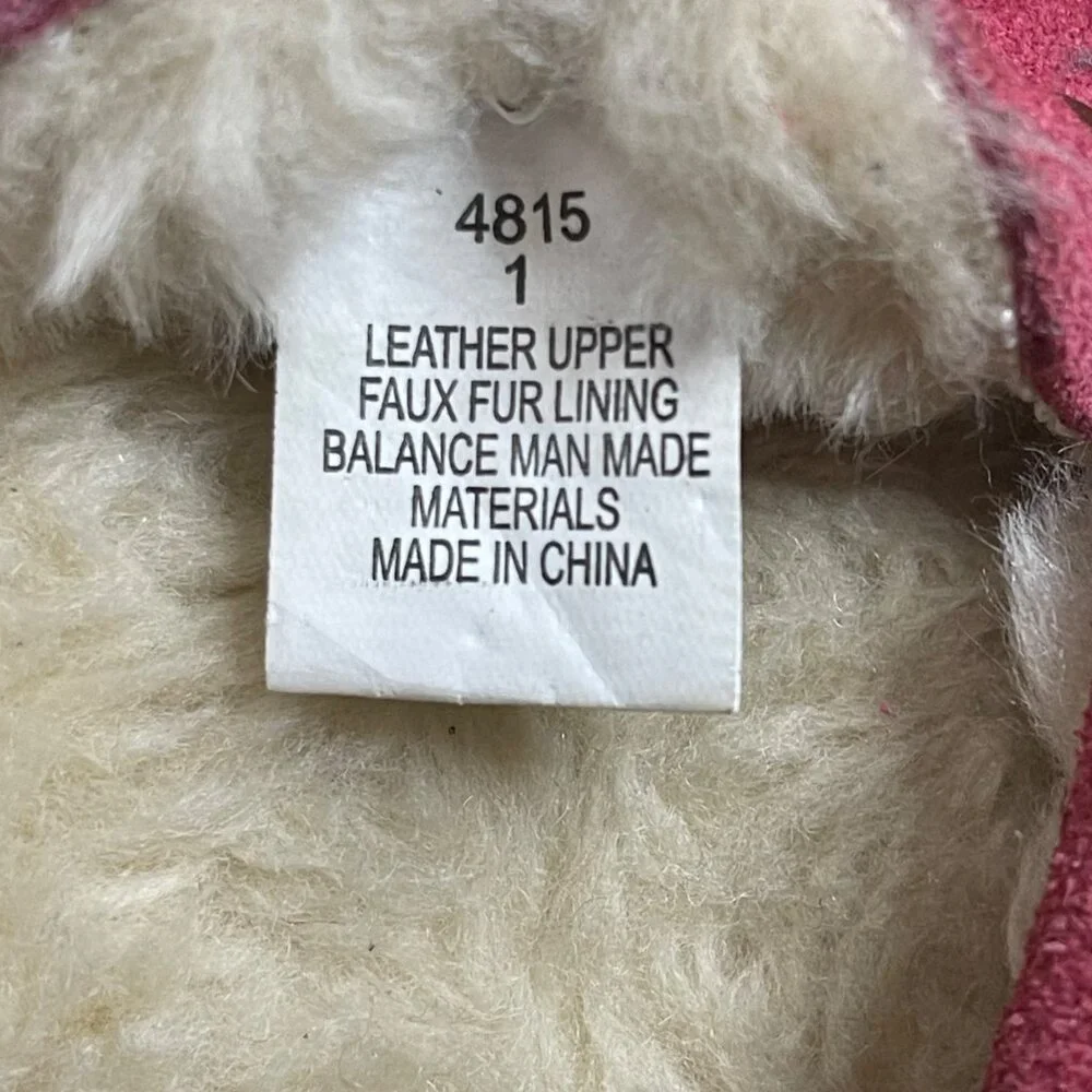 Minnetonka Cassie Moc Slippers Girls Size 1 Pink Suede Leather Faux Fur‎ Lining